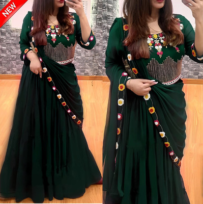New Pooja Embellished Semi Stitched Lehenga & Crop Top(Green)