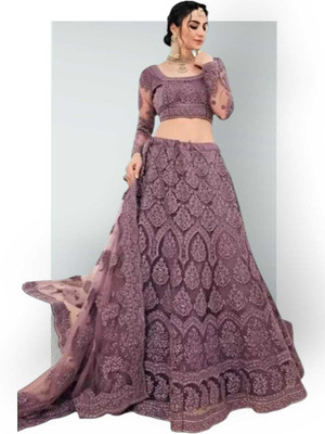 Kitvillaa Embroidered Semi Stitched Lehenga Choli(Multicolor)