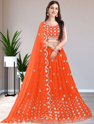 Women Wed Embroidered Semi Stitched Lehenga Choli(Orange)