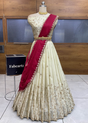 Fabcartz Embroidered Semi Stitched Lehenga Choli(Red, Beige)