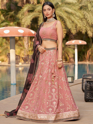 Tasrika Embroidered Semi Stitched Lehenga Choli(Pink)