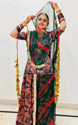 Wolvox Digital Print Semi Stitched Rajasthani Poshak(Green)