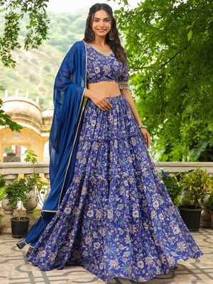 Janasya Printed Stitched Lehenga Choli(Blue)
