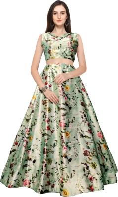 kaizen International Digital Print Semi Stitched Lehenga & Crop Top(Green)