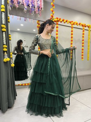 SHREE CREATION Self Design Semi Stitched Lehenga Choli(Dark Green)