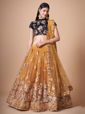 odette Embroidered Semi Stitched Lehenga Choli(Yellow)