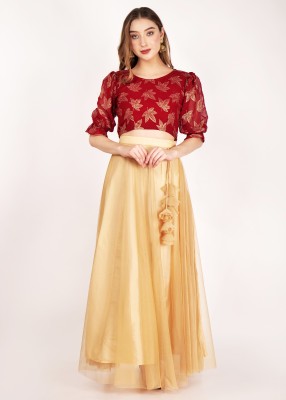 Frolic Rolic Solid Stitched Lehenga & Crop Top(Beige, Red)