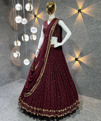 BronezoMart Embroidered Semi Stitched Lehenga Choli(Maroon)