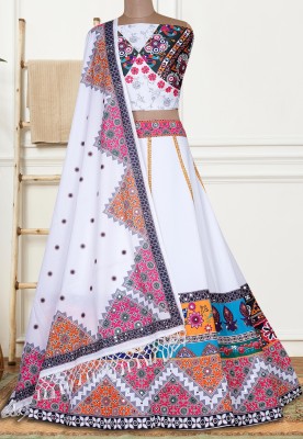 Shubh Viyan Textiles Ikat, Bandhani, Checkered, Graphic Print Semi Stitched Lehenga Choli(White, Multicolor)