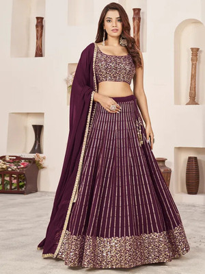 AARAVDESIGNER Embroidered Semi Stitched Lehenga Choli(Purple)