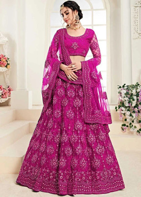 Cute Fellow Embroidered Semi Stitched Lehenga Choli(Pink)
