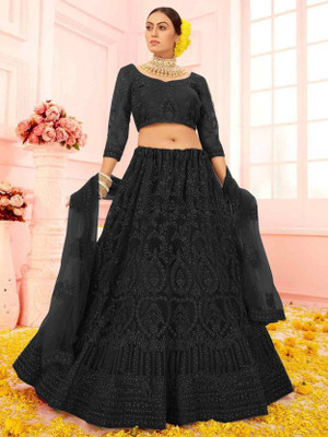 D.G.ITALIYA TRENDZ Embroidered Semi Stitched Lehenga Choli(Black)