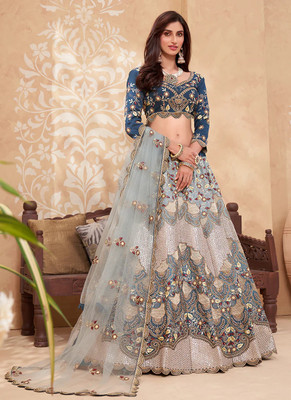 Alizeh Embroidered Semi Stitched Lehenga & Crop Top(Blue)