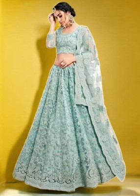Miara Embroidered Semi Stitched Lehenga Choli(Light Blue)