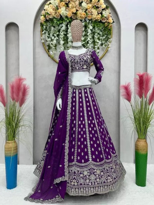 QUEDDY'S Embroidered Semi Stitched Lehenga Choli(Purple)