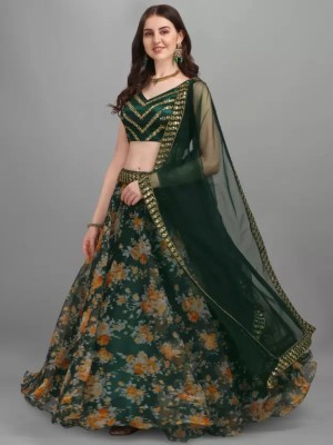 Santokba Embellished, Floral Print Semi Stitched Lehenga Choli(Dark Green)