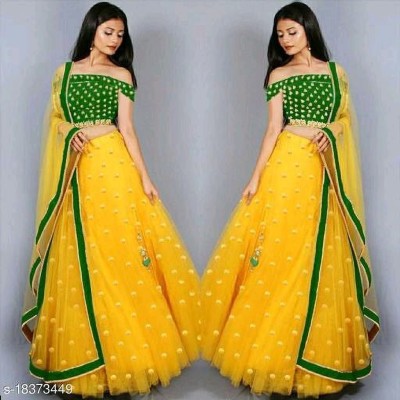 MEERAVYAENTERPRISE Embroidered Semi Stitched Lehenga Choli(Yellow, Dark Green)