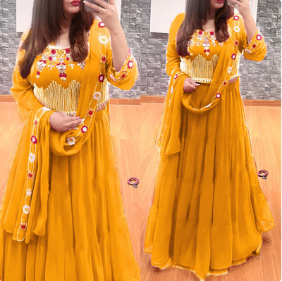 Hemlata Embroidered Semi Stitched Lehenga & Crop Top(Yellow)