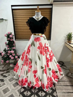 NIHANT ENTERPRISE Colorblock Stitched Lehenga & Crop Top(Black, Pink)