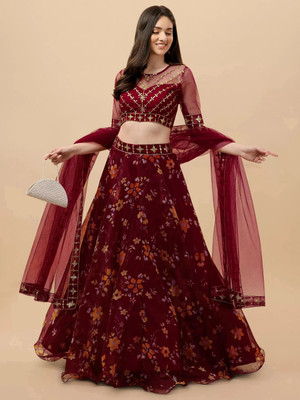 PILUDI Embroidered Semi Stitched Lehenga Choli(Maroon)