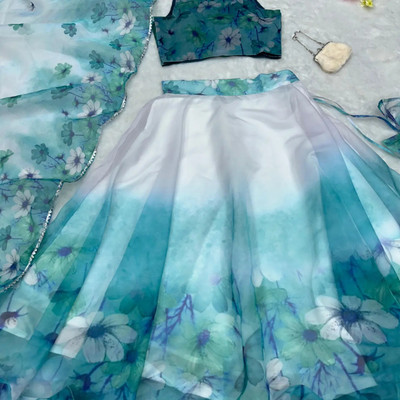 PuriMaa Floral Print Semi Stitched Lehenga Choli(Blue)