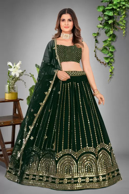Yozzby Embellished Semi Stitched Lehenga Choli(Green)