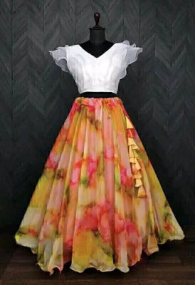 HOUSE OF COMMON Digital Print Semi Stitched Lehenga & Crop Top(Multicolor)