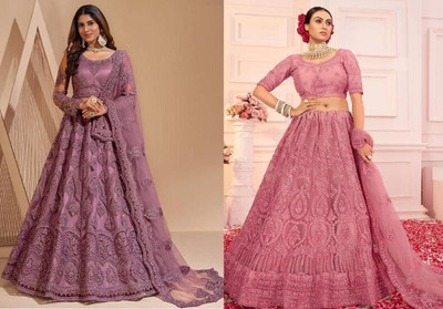 Udbhav Export Embroidered Semi Stitched Lehenga Choli(Purple, Pink)