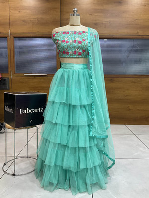 PinkBindi Embroidered Semi Stitched Lehenga Choli(Light Blue)