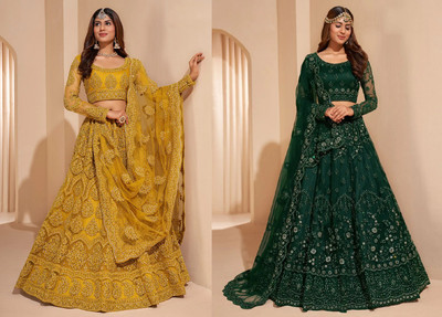 Cute Fellow Embroidered Semi Stitched Lehenga Choli(Green, Yellow)