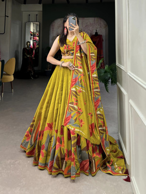 kridhashopping Printed Semi Stitched Lehenga Choli(Yellow)