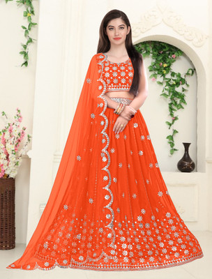 Hanuamtji Embroidered Semi Stitched Lehenga Choli(Orange)