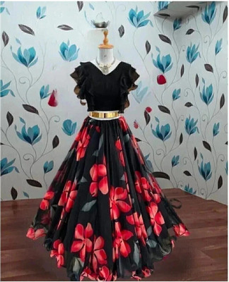 Ajfab Self Design Stitched Lehenga & Crop Top(Black)