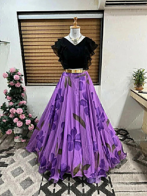 HOUSE OF COMMON Printed Stitched Lehenga & Crop Top(Black, Purple)
