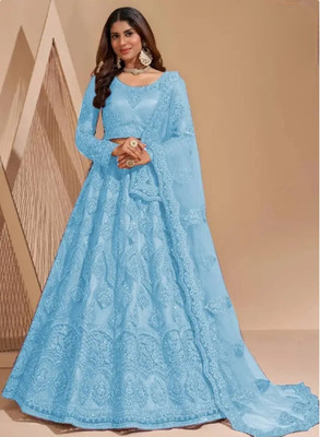 TRIVORA Embroidered Semi Stitched Lehenga Choli(Light Blue)