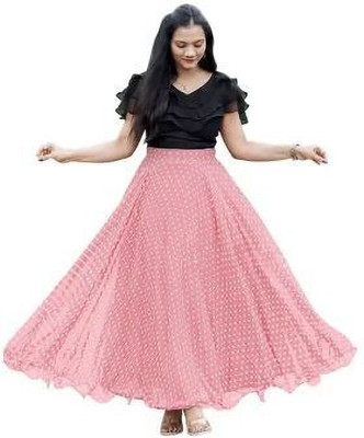 Rivaashafashion Polka Print Stitched Lehenga & Crop Top(Pink)
