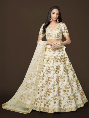 odette Embroidered Semi Stitched Lehenga Choli(White)
