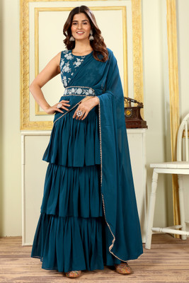 DWINIZAA STORE Solid/Plain, Embellished Bollywood Georgette Saree(Blue)