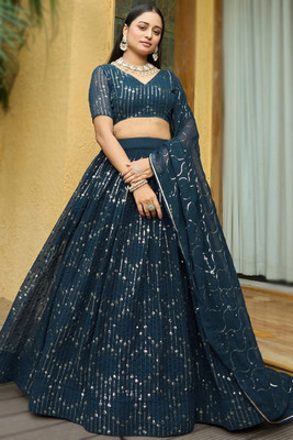 Kedar Fab Embroidered, Embellished Semi Stitched Lehenga Choli(Dark Blue)