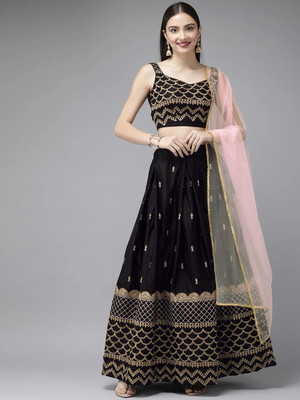 Fabcartz Embroidered Semi Stitched Lehenga Choli(Black)