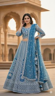 Marigold Embroidered Stitched Lehenga & Crop Top(Blue)