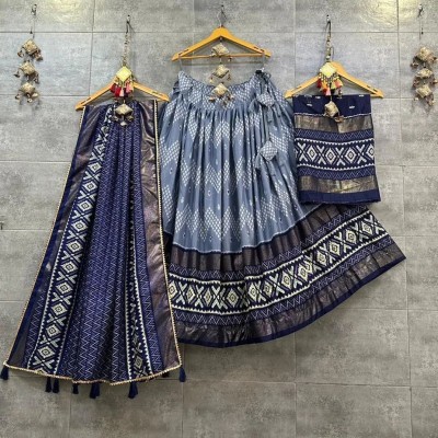 MITRABIZ Floral Print Semi Stitched Lehenga Choli(Dark Blue)