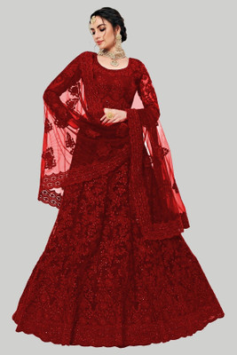 Kitvillaa Embroidered Semi Stitched Lehenga Choli(Red)