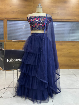 PinkBindi Embroidered Semi Stitched Lehenga Choli(Blue)