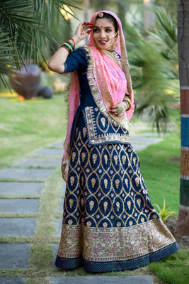 New Pooja Embroidered Semi Stitched Rajasthani Poshak(Blue)