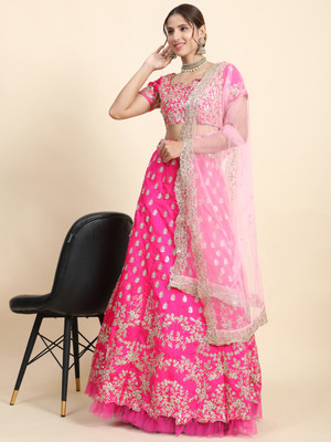 rujave Embroidered Semi Stitched Lehenga Choli(Pink)