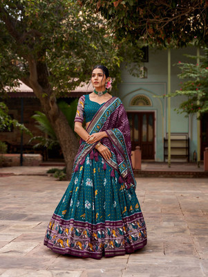 KRISHU ETHNICS Printed Semi Stitched Lehenga Choli(Green)
