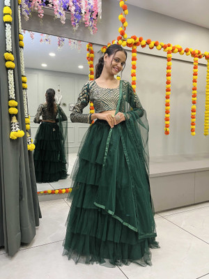 Payu Self Design Semi Stitched Lehenga Choli(Dark Green)