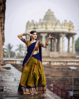 HOUSE OF COMMON Solid Semi Stitched Lehenga Choli(Gold, Dark Blue)