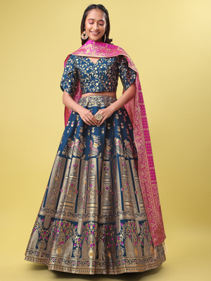 PURVAJA Floral Print Semi Stitched Lehenga Choli(Light Blue)